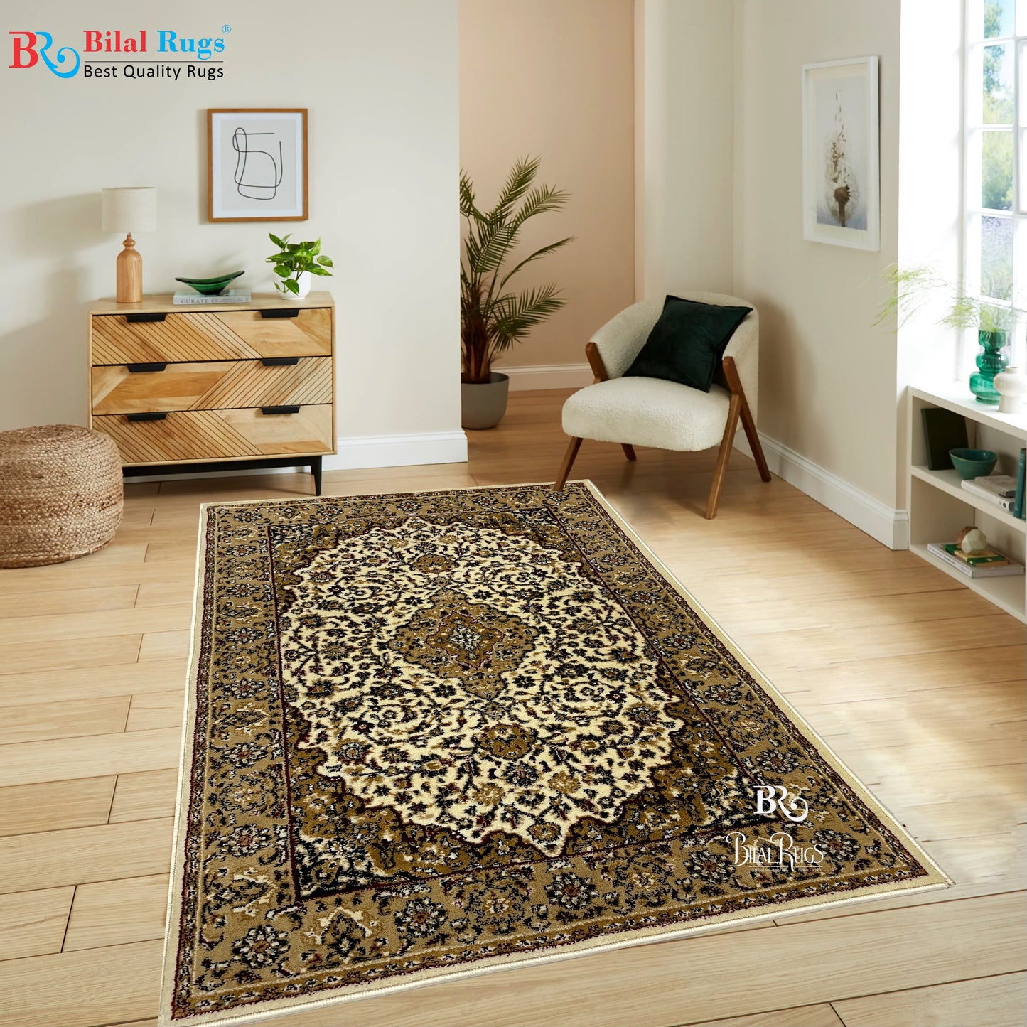 Persian Polypropylene Rug,Woven Back (Article-01-Off White) Size : 3 ft width x 5 ft length (100cm x 150 cm)
