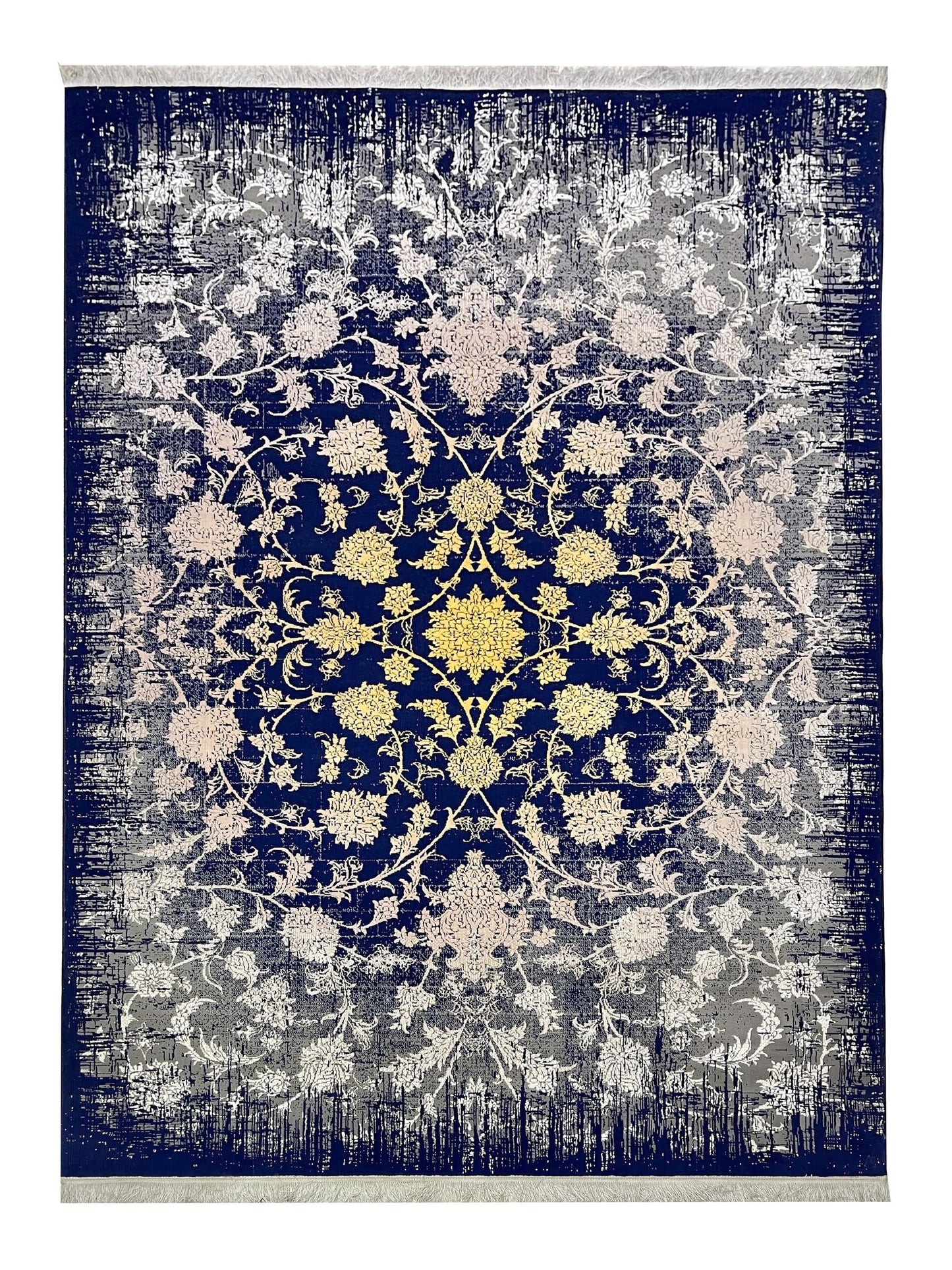 Irani Vintage Woven Rug.
 Article -2016-Grey , Yellow , Blue
Size: 6.6 ft width x 9.6 ft length (200cm x 290cm)