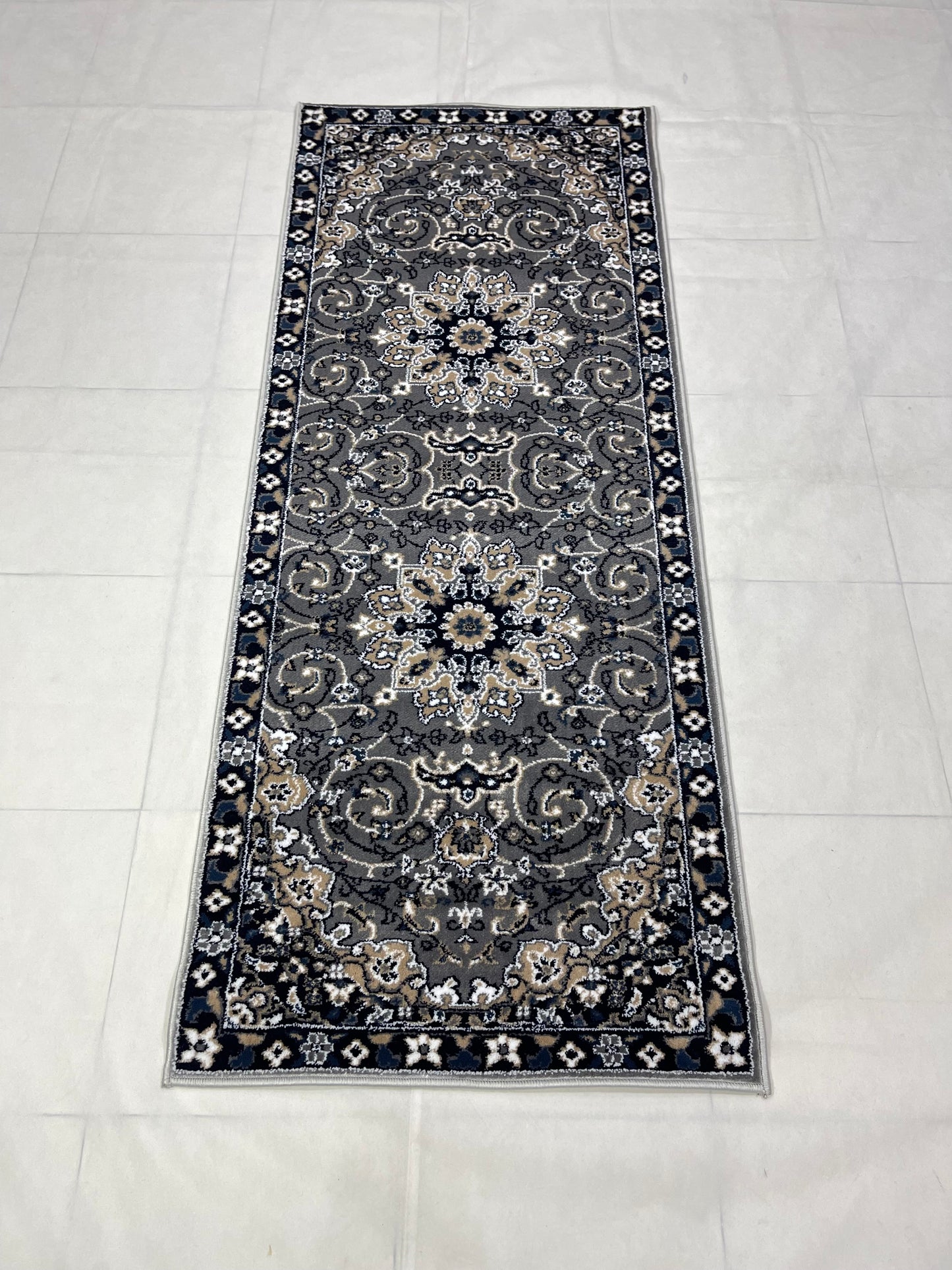 Grey Persian Polypropylene Woven Rug.  Size : 2.6 ft width x 6.6 ft length  (80 cm x 200cm)