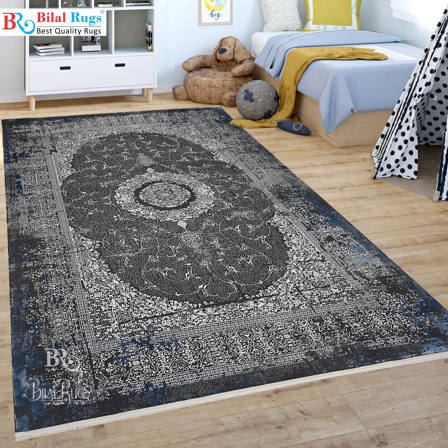 New Turkish Silk (Surya B) 
Size: 6.6 ft width x 9.6 ft length (200cm x 290cm)
Article -629- Grey & Blue