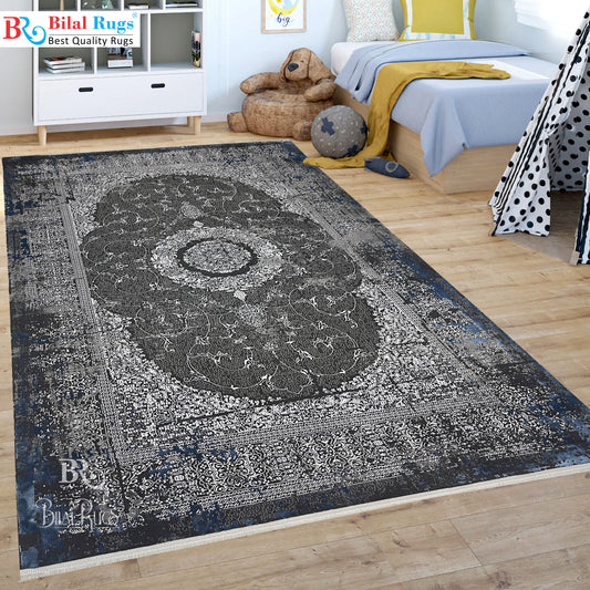 New Turkish Silk (Surya B) 
Size: 6.6 ft width x 9.6 ft length (200cm x 290cm)
Article -629- Grey & Blue