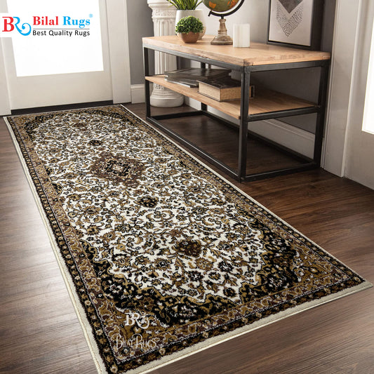Off white Persian Polypropylene Woven Rug.
 Size : 2.6 ft width x 6.6 ft length
 (80 cm x 200cm)