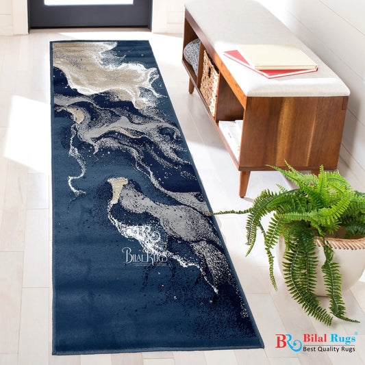 Blue modern Polypropylene Woven Rug.  Size : 2.6 ft width x 6.6 ft length  (80 cm x 200cm)