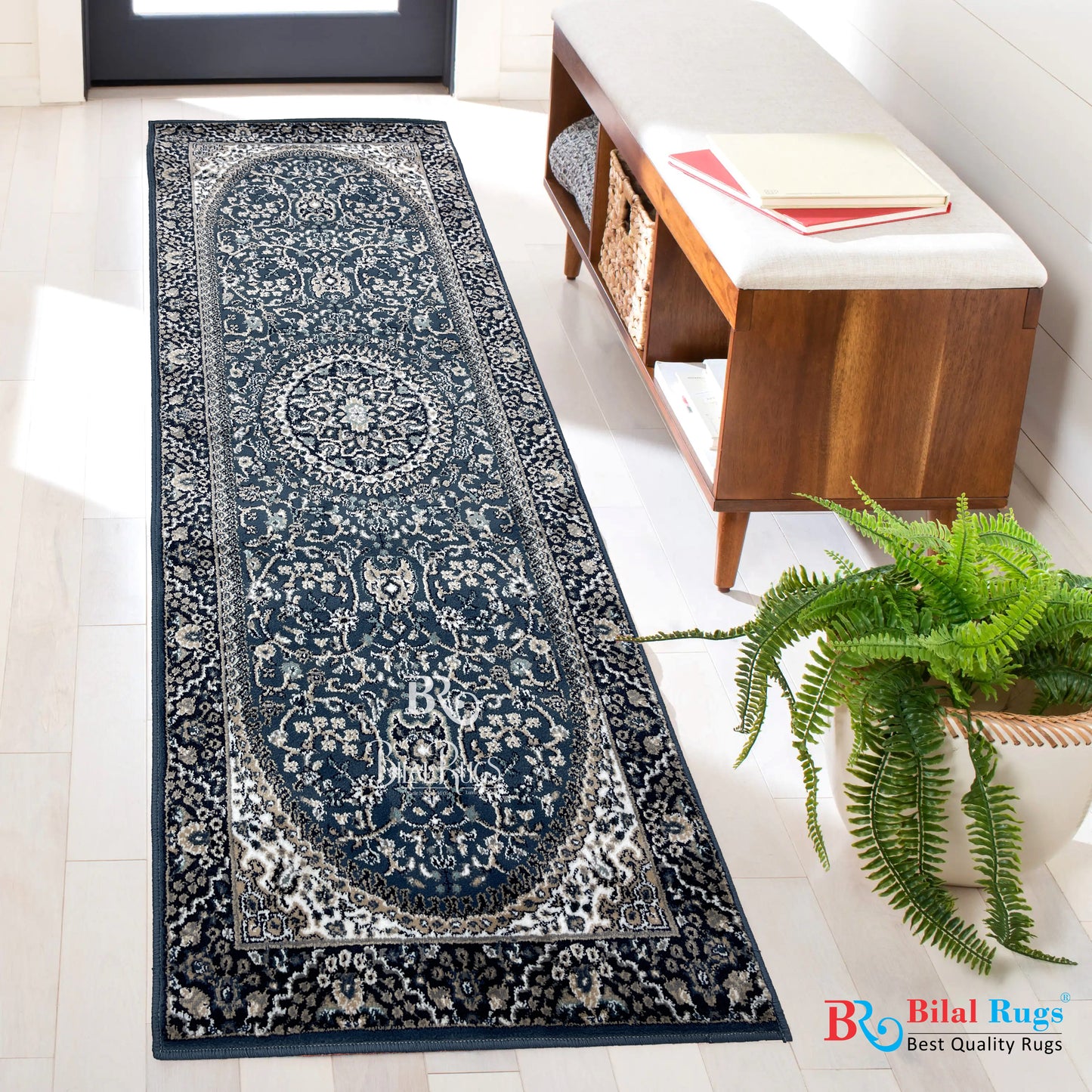 Blue Persian Polypropylene Woven Runner.
Size : 2.6 ft width x 6.6 ft length 
(80 cm x 200 cm)