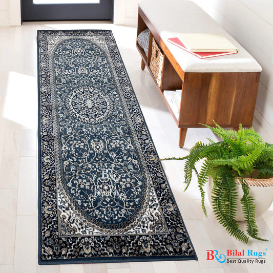 Blue Persian Polypropylene Woven Runner.
Size : 2.6 ft width x 6.6 ft length 
(80 cm x 200 cm)
