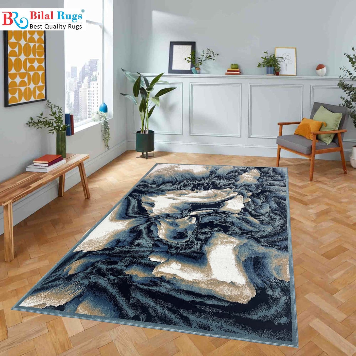 Modern polypropylene Rug,back woven(Article-1627-Blue)
Size : 5ft width  x 7.3ft length (150cm x 220cm)