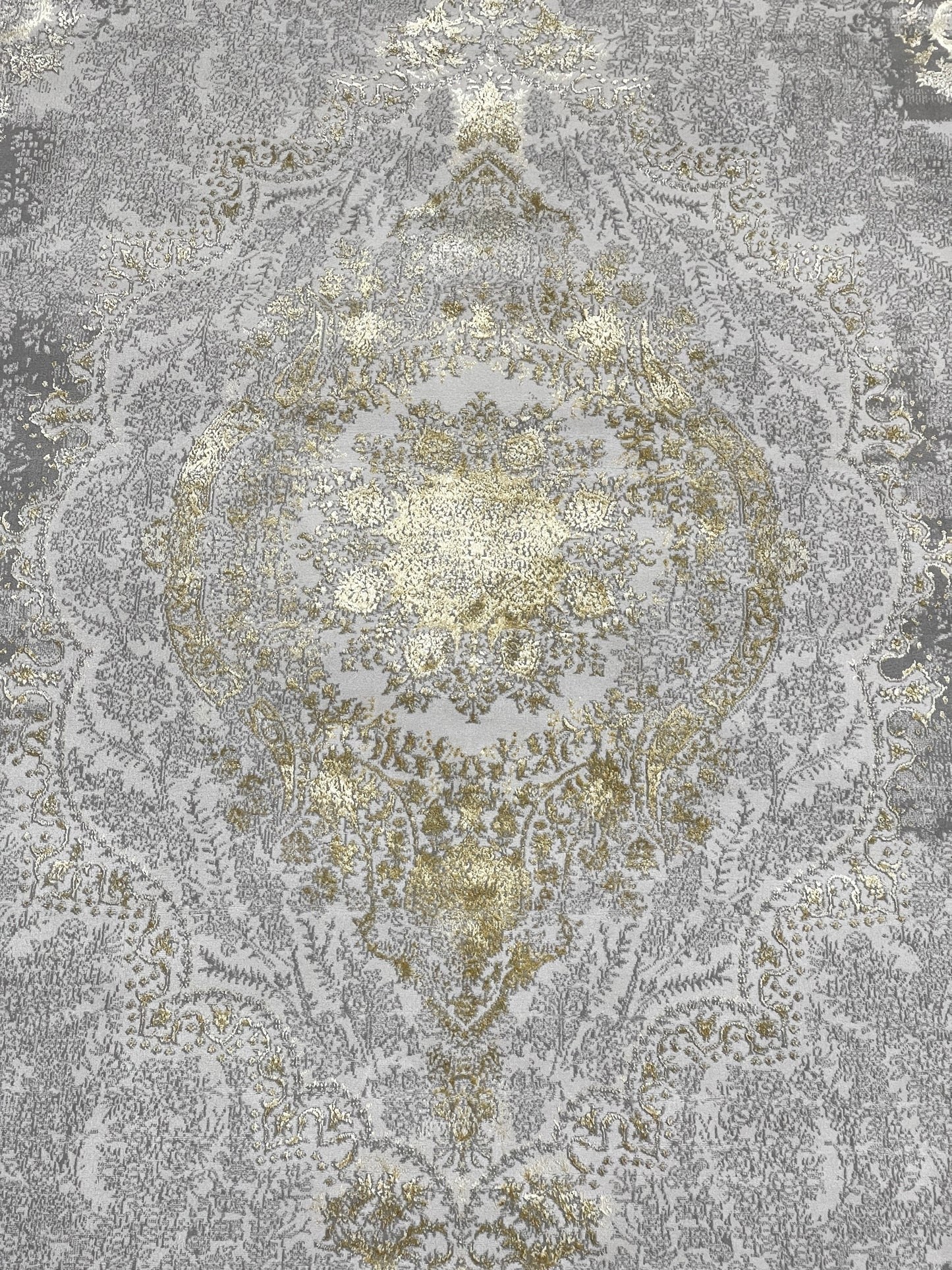 New Turkish Silk (Surya B) 
Size: 6.6 ft width x 9.6 ft length (200cm x 290cm)
Article -601- Grey , Gold