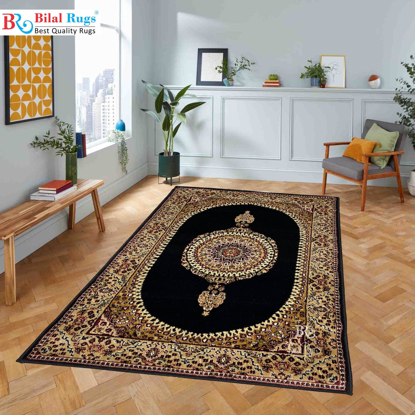 Persian Polypropylene Rug,Woven Back (Article-22-Black) Size : 3 ft width x 5 ft length (100cm x 150 cm)