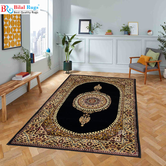 Persian Polypropylene Rug,Woven Back (Article-22-Black) Size : 3 ft width x 5 ft length (100cm x 150 cm)