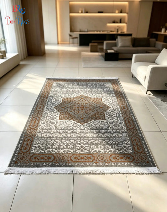 Irani viscose Rug , Woven Back
Article-324-Grey, Rust
Size : 3 ft width x 5 ft length (100 cm x 150cm)