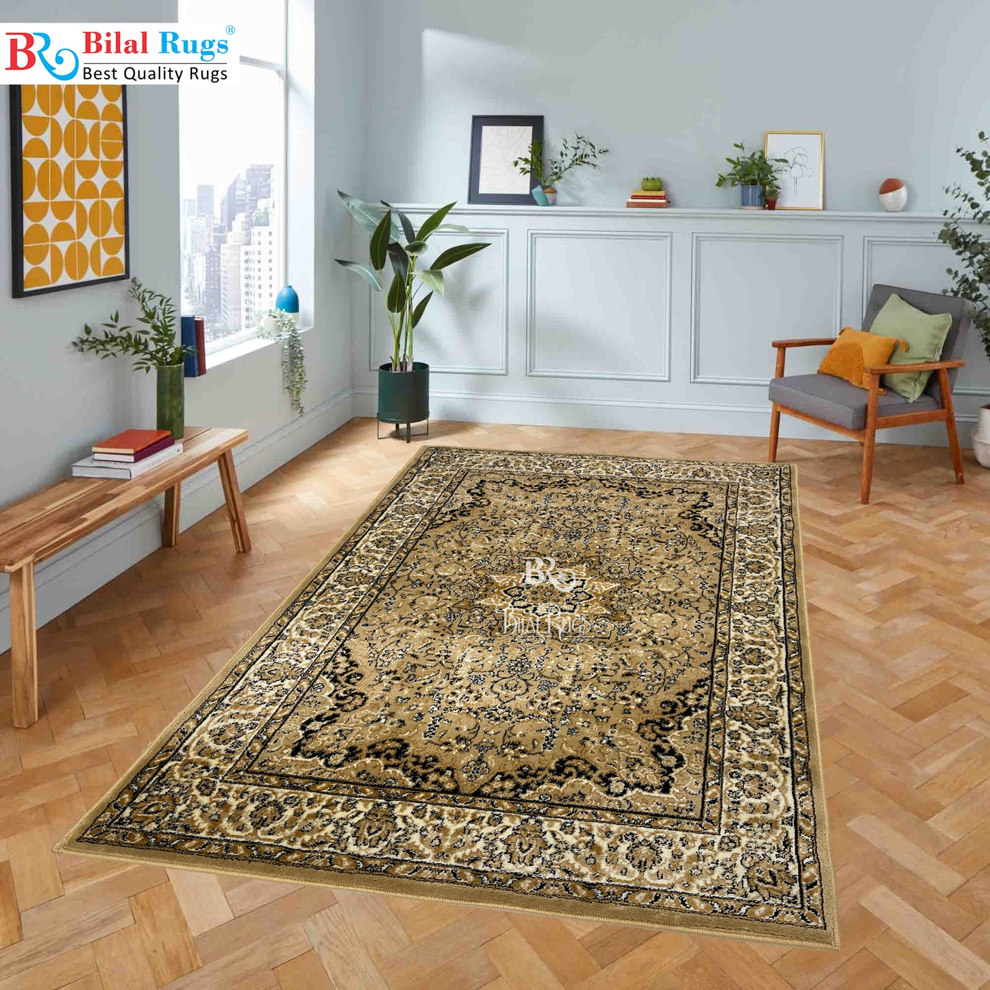 Persian polypropylene Rug,back woven (Article-20-Beige) Size : 4 ft width x 5.6 ft length (120 cm x 170 cm)