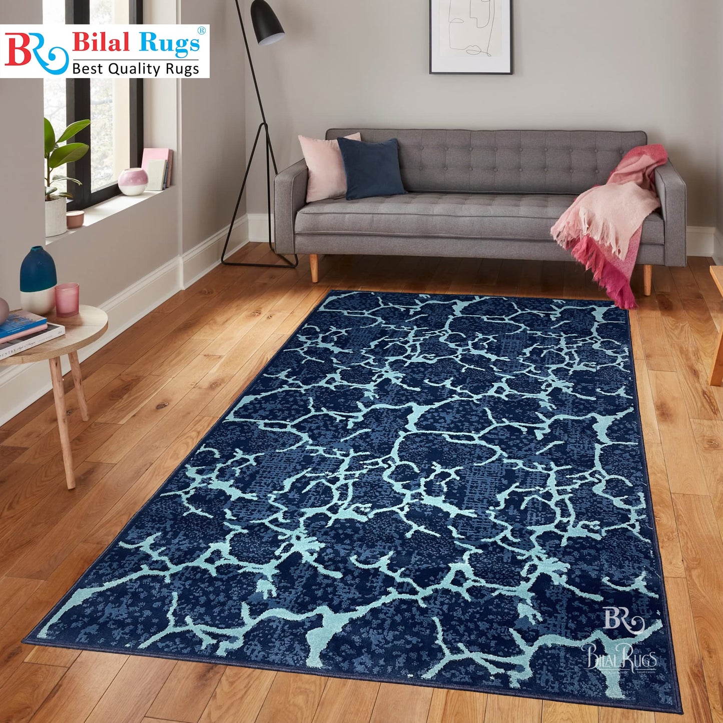 Modern polypropylene Rug,back woven(Article-6774-Blue ) Size : 5ft width  x 7.3ft length (150cm x 220cm)