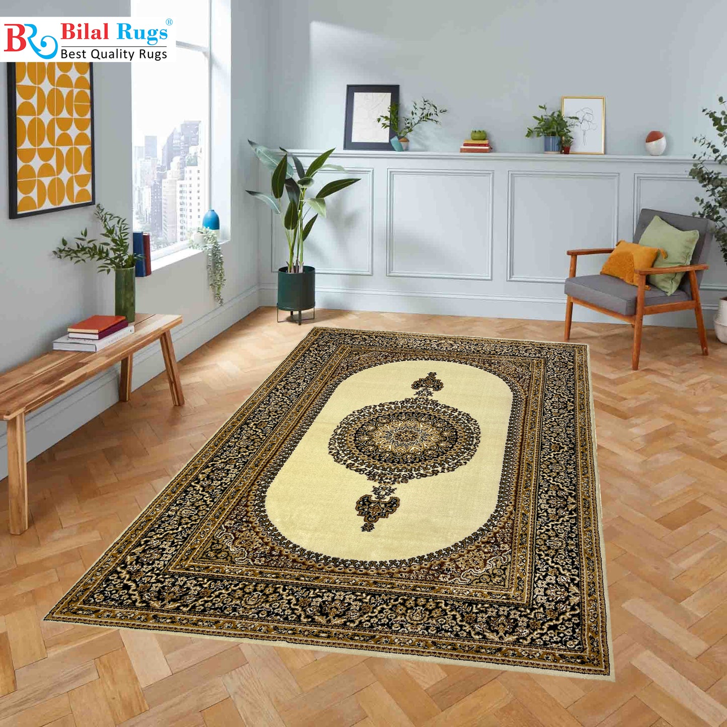 Persian polypropylene Rug,back woven(Article-22-Off white)
Size : 5ft width  x 7.3ft length (150cm x 220cm)
