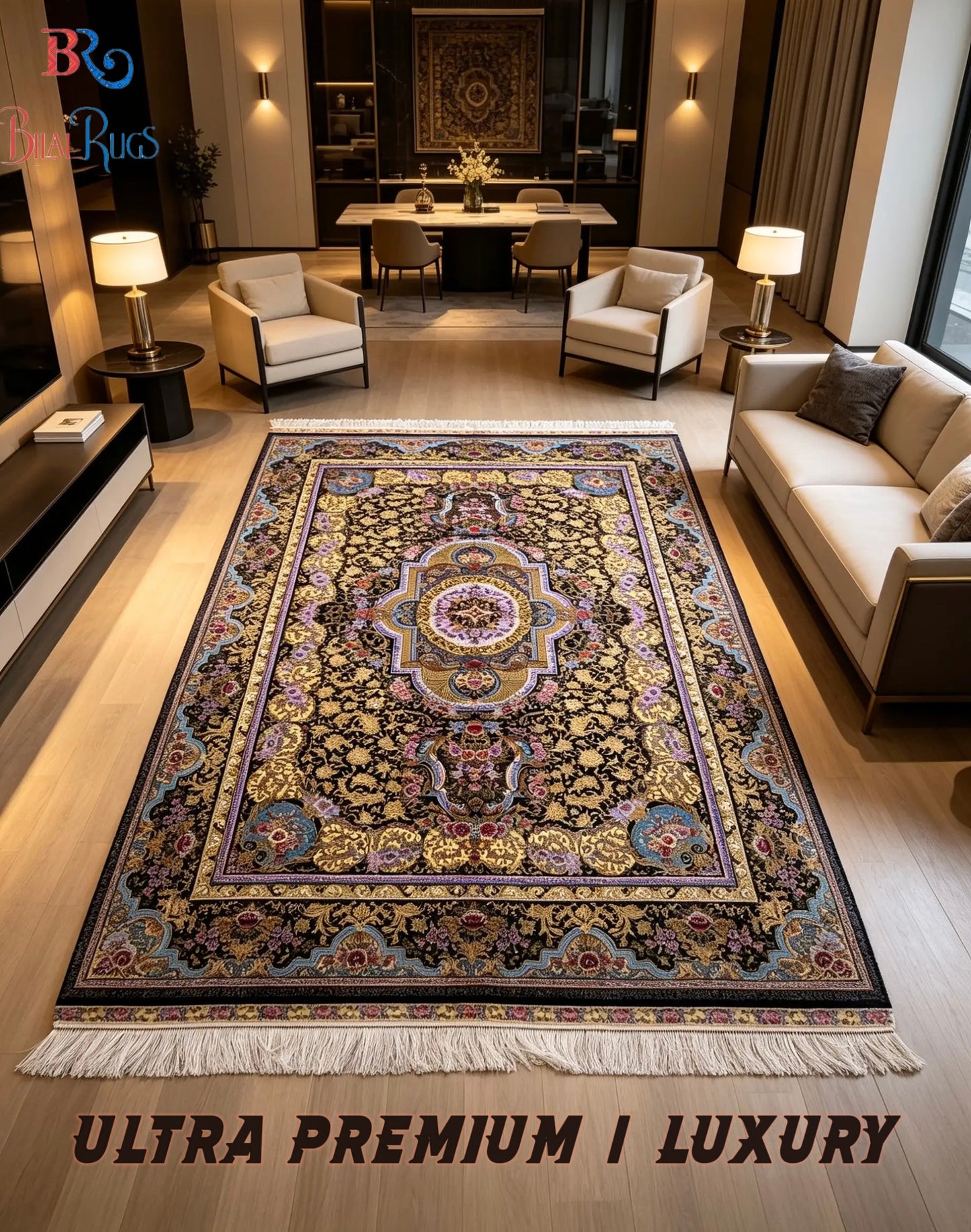 Premium Irani 1600 Reed Machine Made Rug - Blue & Gold with Cotton Back
Size : 5 ft width x 7.3 ft length (150cm x 225cm)
