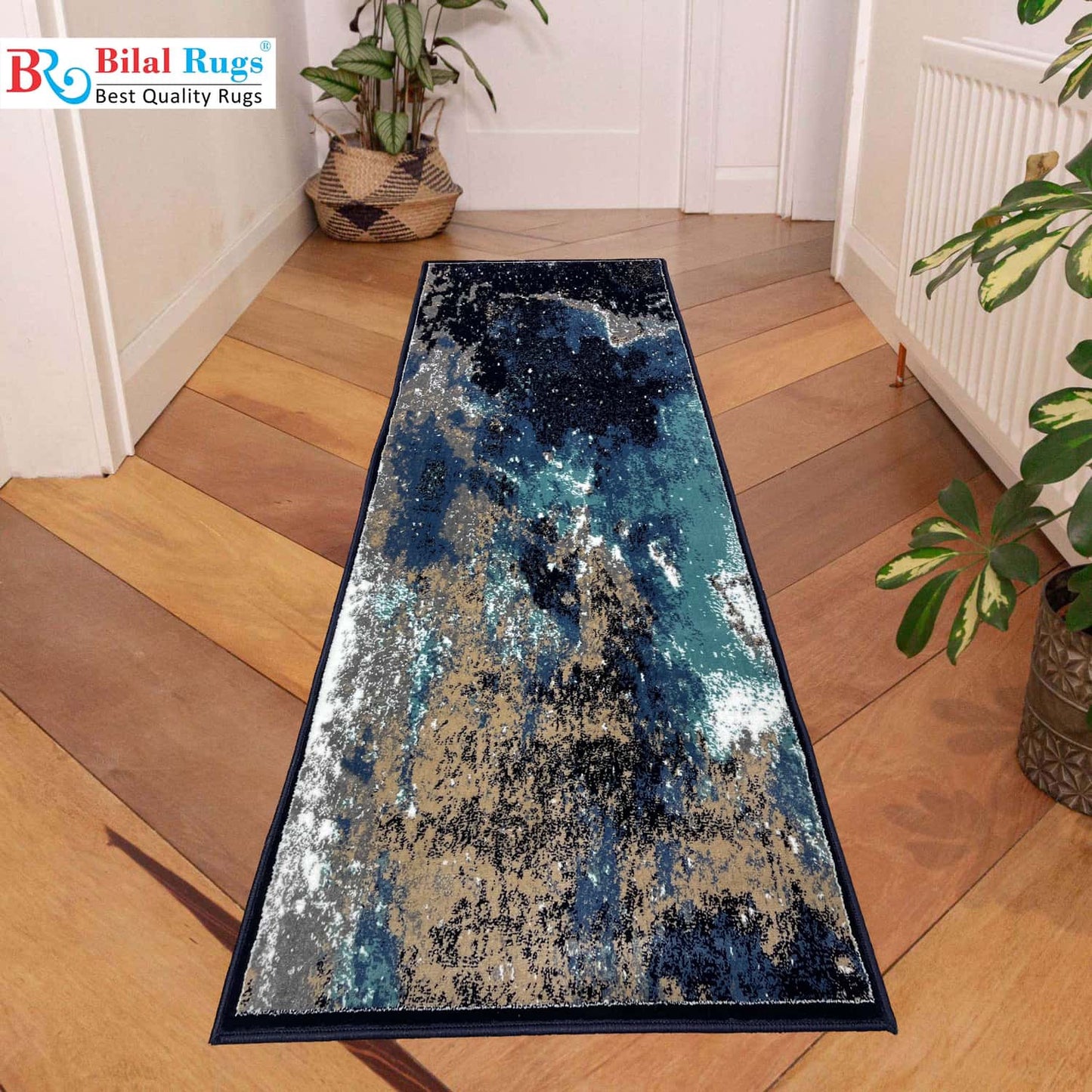 Blue modern Polypropylene Woven Runner.
Size : 2.6 ft width x 6.6 ft length 
(80 cm x 200 cm)