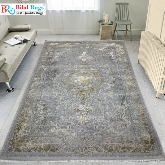 New Turkish Silk (Surya B) 
Size: 6.6 ft width x 9.6 ft length (200cm x 290cm)
Article -601- Grey , Gold