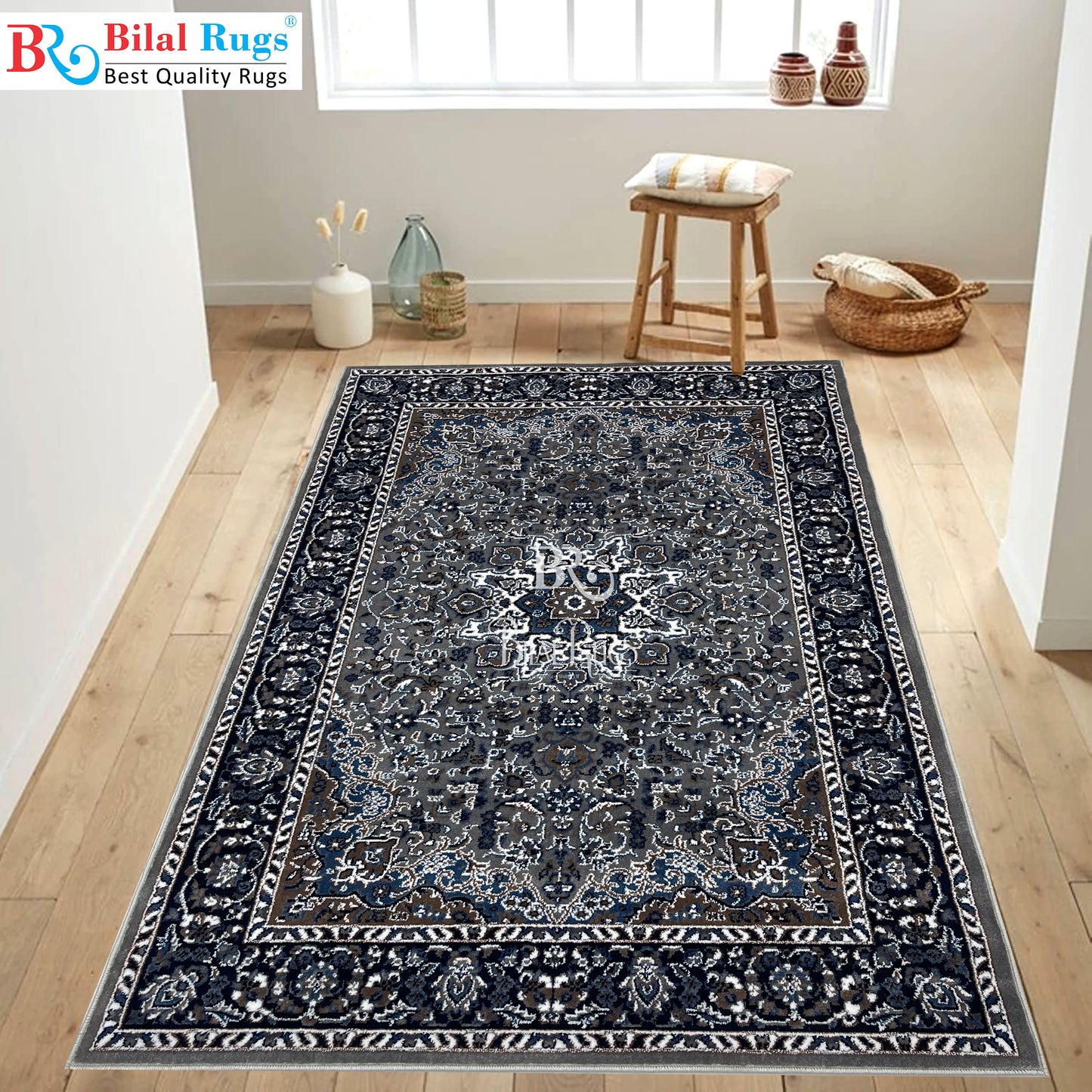 Persian  Polypropylene Rug,back woven(Article-20-Grey)
Size : 5ft width  x 7.3ft length (150cm x 220cm)