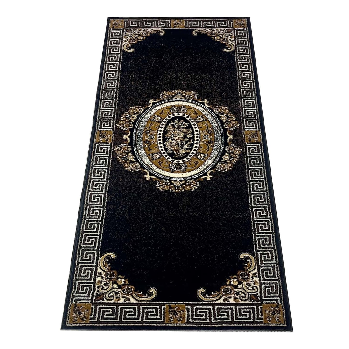 Black Versace Polypropylene Woven Runner.
Size : 2.6 ft width x 6.6 ft length
(80 cm x 200 cm)