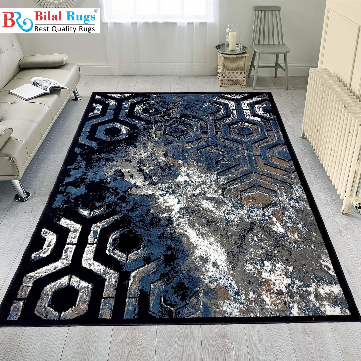 Modern Polypropylene Rug Back Woven(Article-381-Blue)
Size: 6.6 ft width x 9.6 ft length (200cm x 290cm)