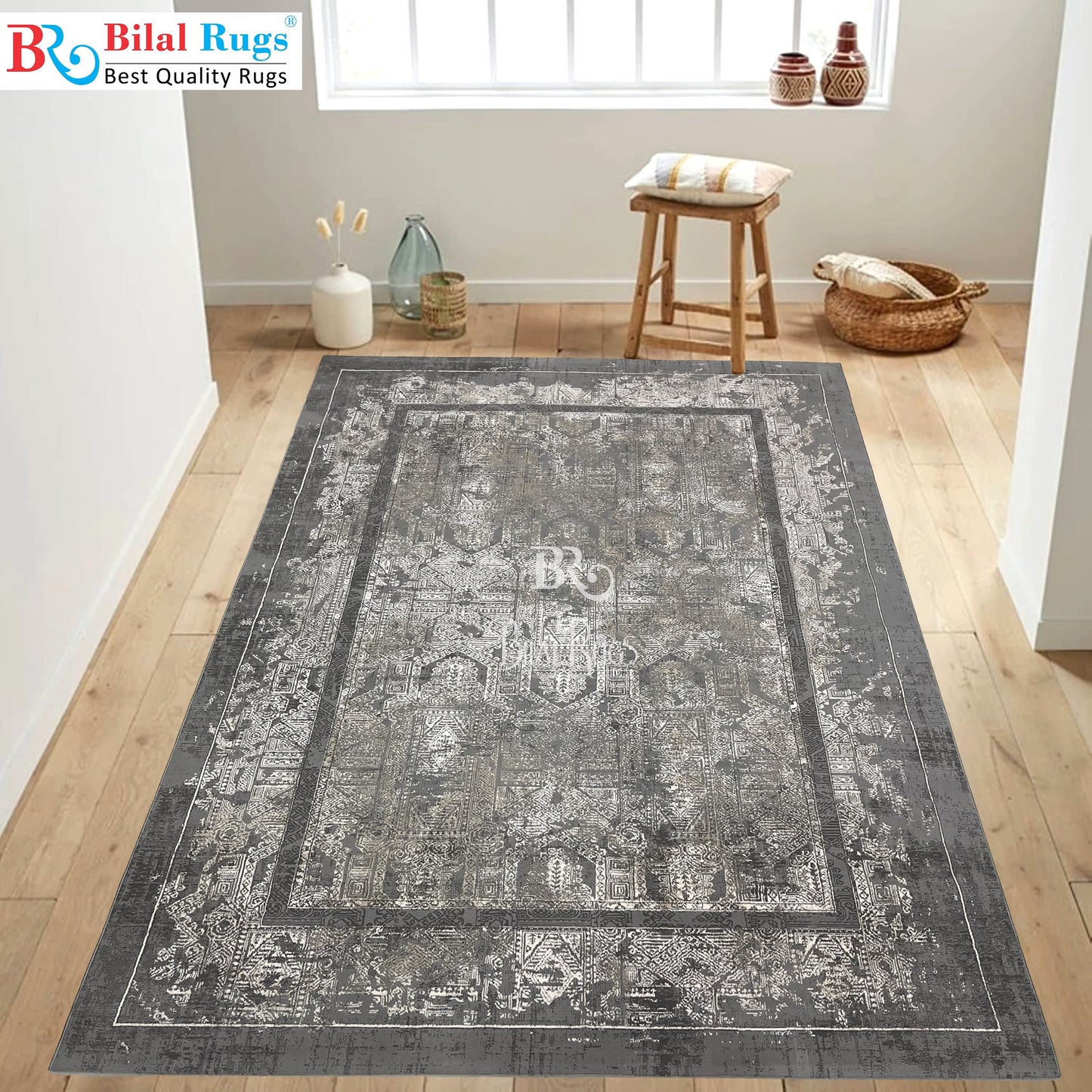 Irani Vintage Woven Rug.  Article -2085-Grey Size: 6.6 ft width x 9.6 ft length (200cm x 290cm)