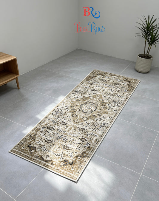 Off white Persian Polypropylene Woven Rug.
 Size : 2.6 ft width x 6.6 ft length
 (80 cm x 200cm)