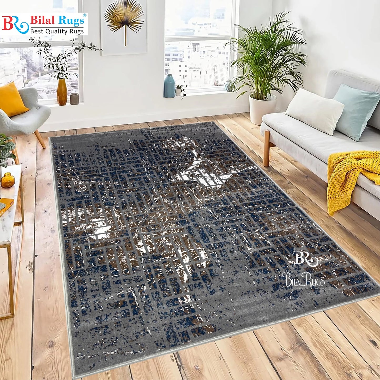 Modern polypropylene Rug,back woven(Article-6774-Grey ) Size : 5ft width  x 7.3ft length (150cm x 220cm)