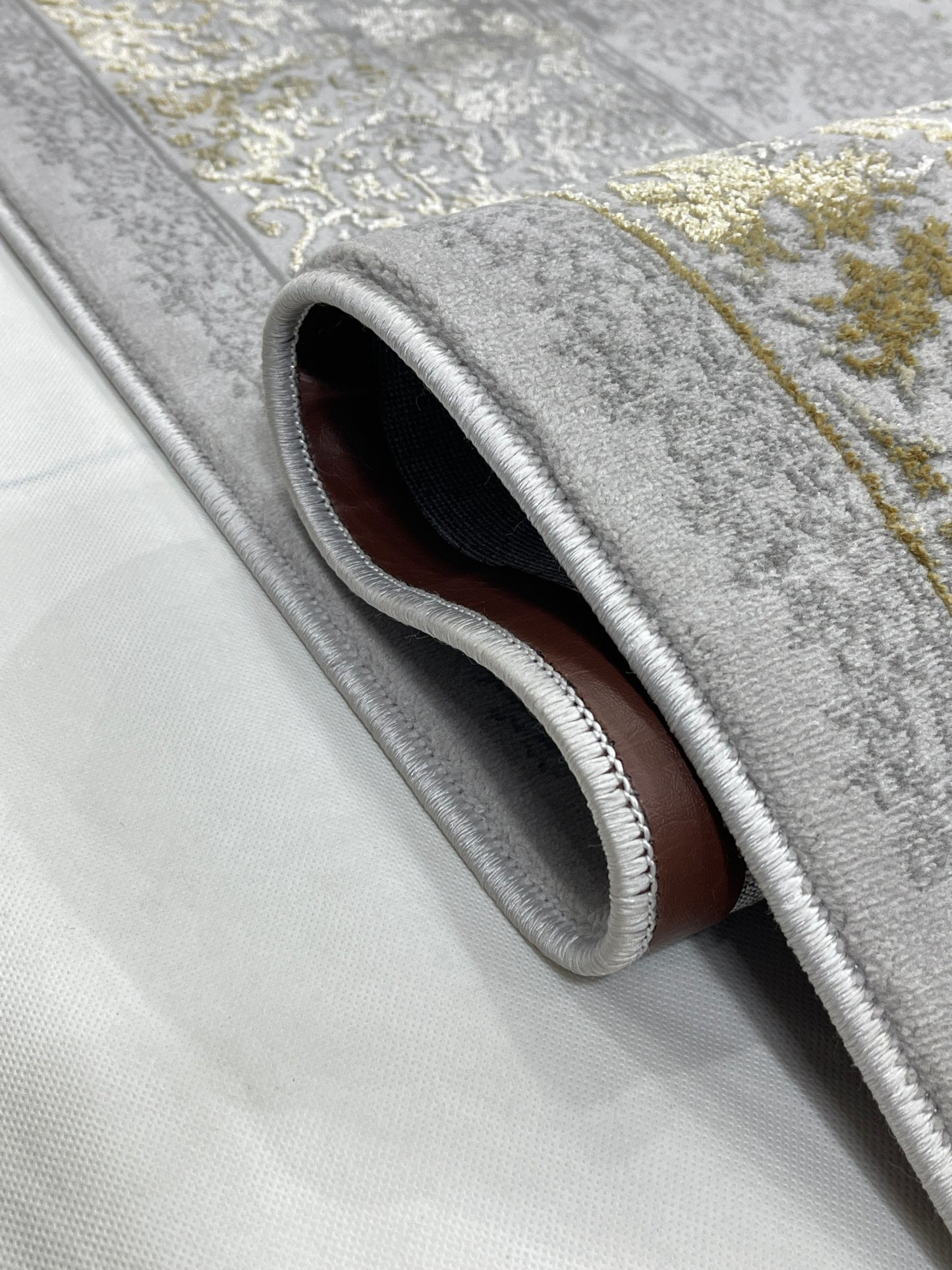 New Turkish Silk (Surya B) 
Size: 6.6 ft width x 9.6 ft length (200cm x 290cm)
Article -601- Grey , Gold