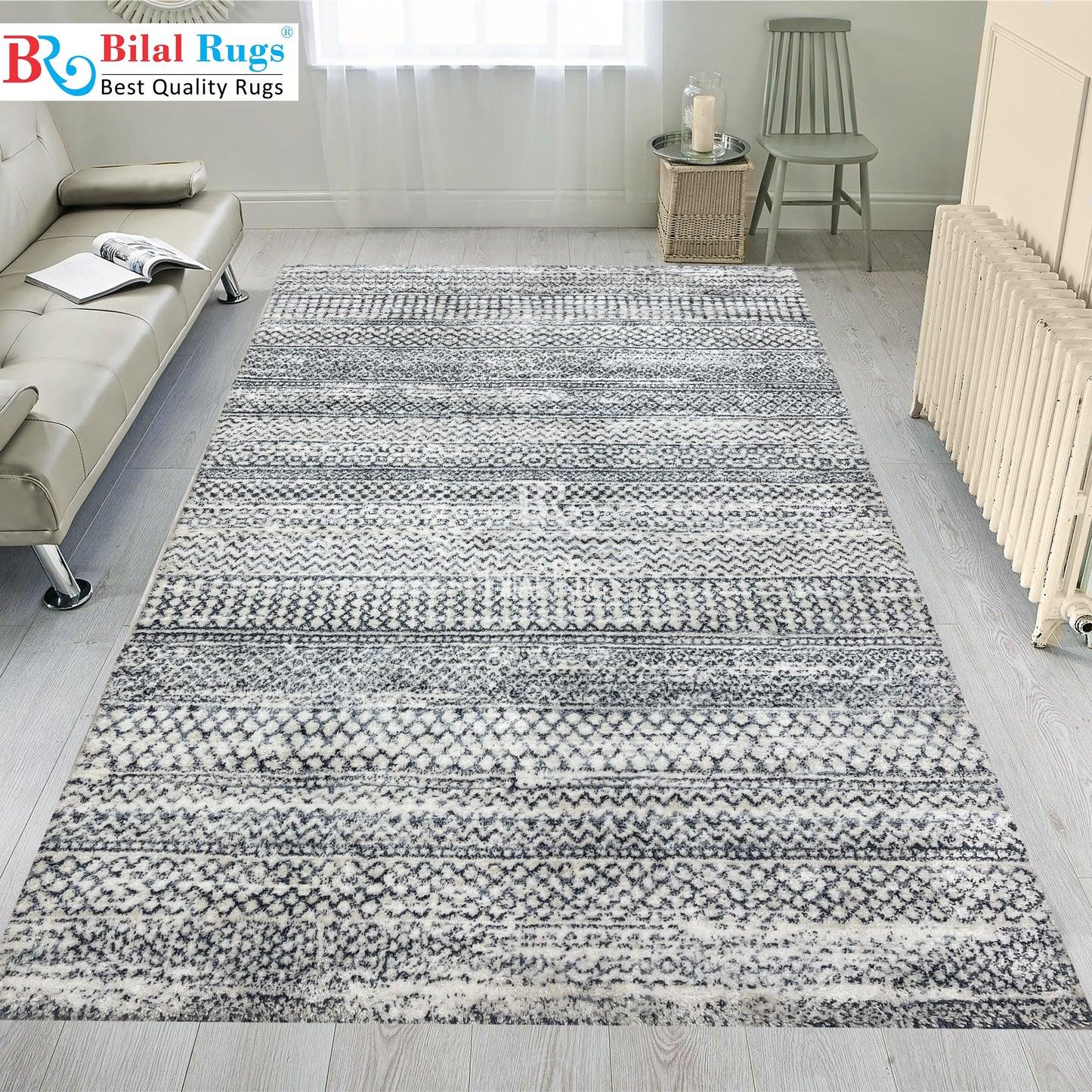 Turkish Shaggy Rug With Woven Back.  Size : 5 Ft Width x 7.3 Ft Length (160cm x 220cm) Article-07-Off White, Grey