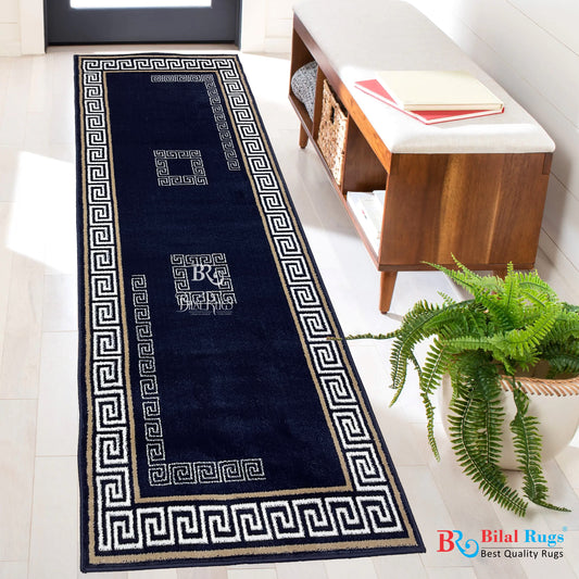 Blue Versace Polypropylene Woven Rug.  Size : 2.6 ft width x 6.6 ft length  (80 cm x 200cm)