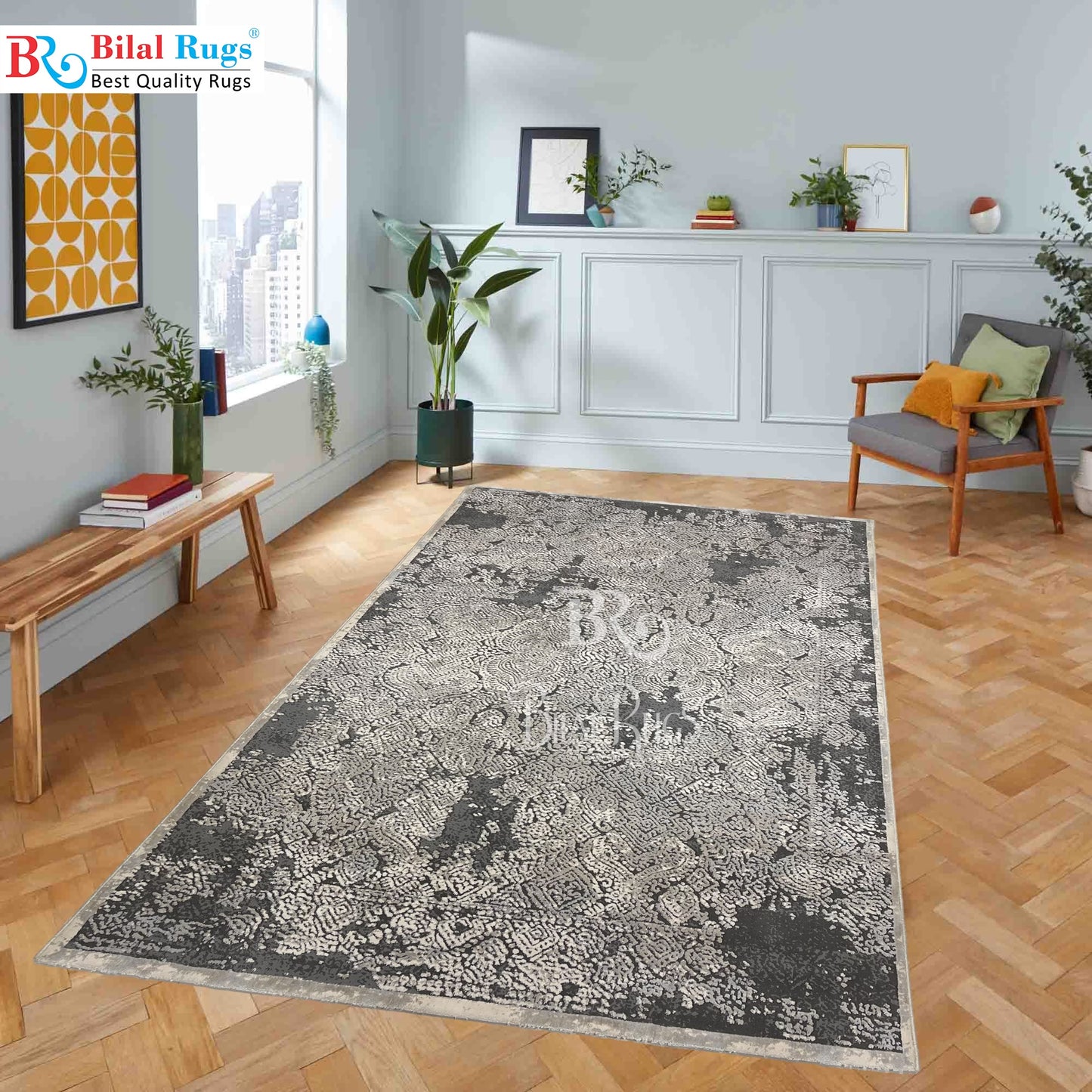 Irani Vintage Woven Rug.
 Article -2070-Grey , Off white
Size: 5 ft width x 7.3 ft length (150cm x 220cm)