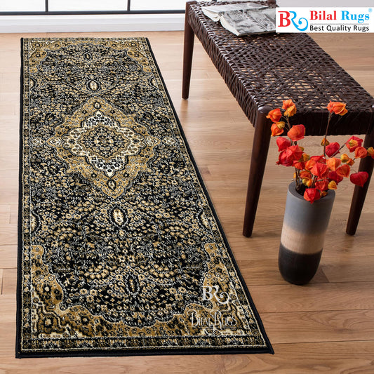 Black Persian Polypropylene Woven Rug.  Size : 2.6 ft width x 6.6 ft length  (80 cm x 200cm)