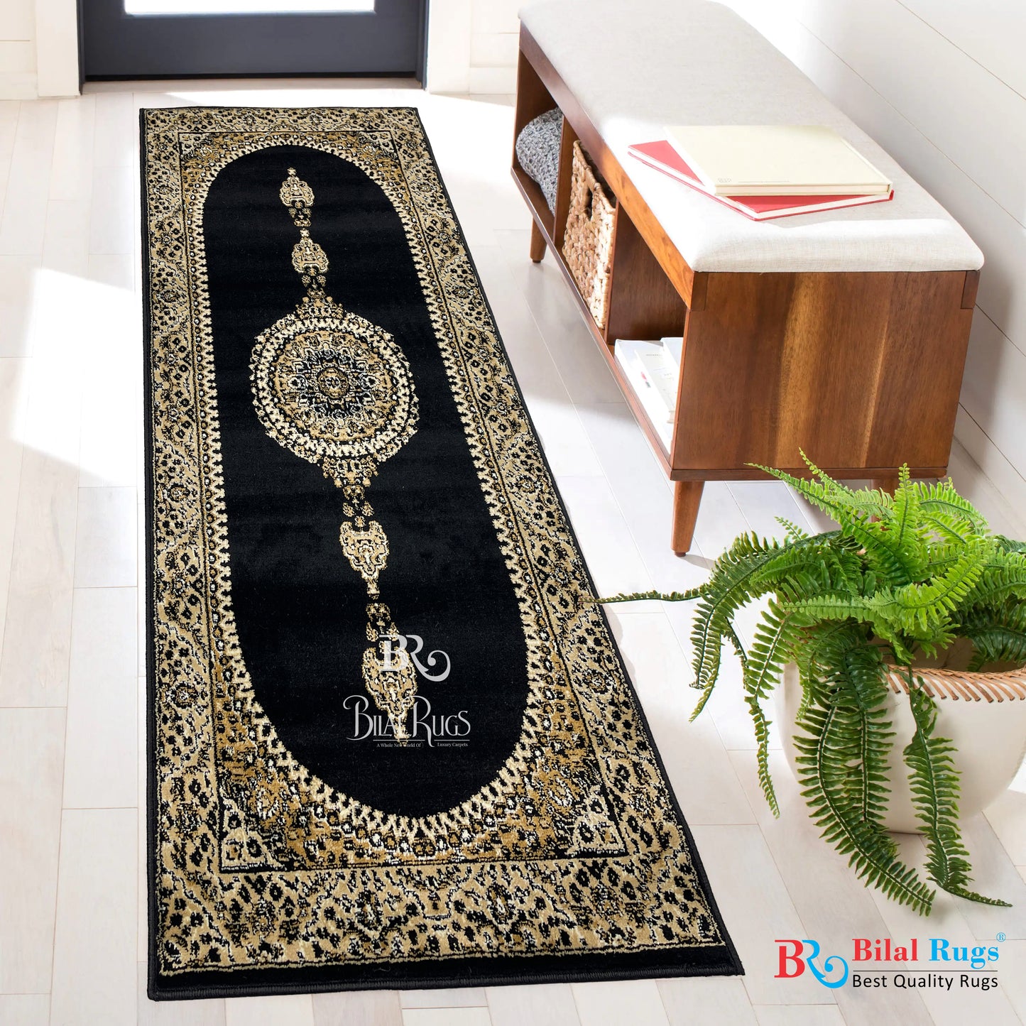 Black persian Polypropylene Woven Rug.  Size : 2.6 ft width x 6.6 ft length  (80 cm x 200cm)