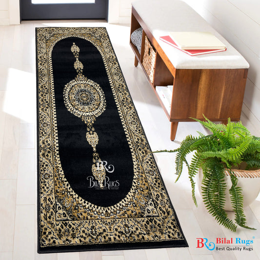 Black persian Polypropylene Woven Rug.  Size : 2.6 ft width x 6.6 ft length  (80 cm x 200cm)