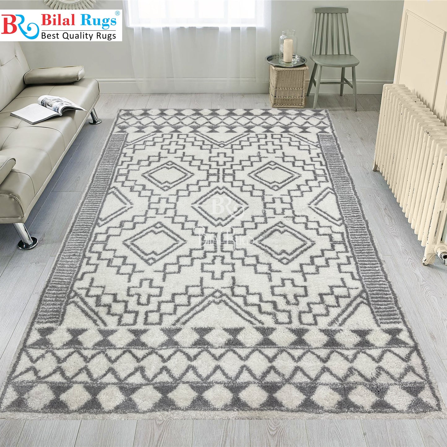 Turkish Shaggy Rug With Woven Back.  Size : 5 Ft Width x 7.3 Ft Length (160cm x 220cm) Article-04-Off White