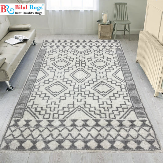 Turkish Shaggy Rug With Woven Back.  Size : 5 Ft Width x 7.3 Ft Length (160cm x 220cm) Article-04-Off White