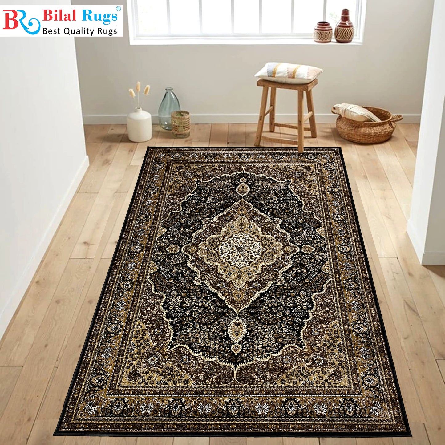 Persian polypropylene Rug,back woven(Article-25-Black)
Size : 5ft width  x 7.3ft length (150cm x 220cm)