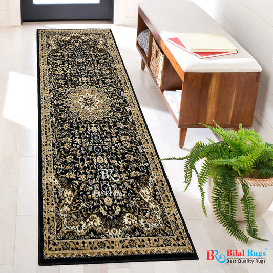 Black Persian Polypropylene Woven Rug.  Size : 2.6 ft width x 6.6 ft length  (80 cm x 200cm)