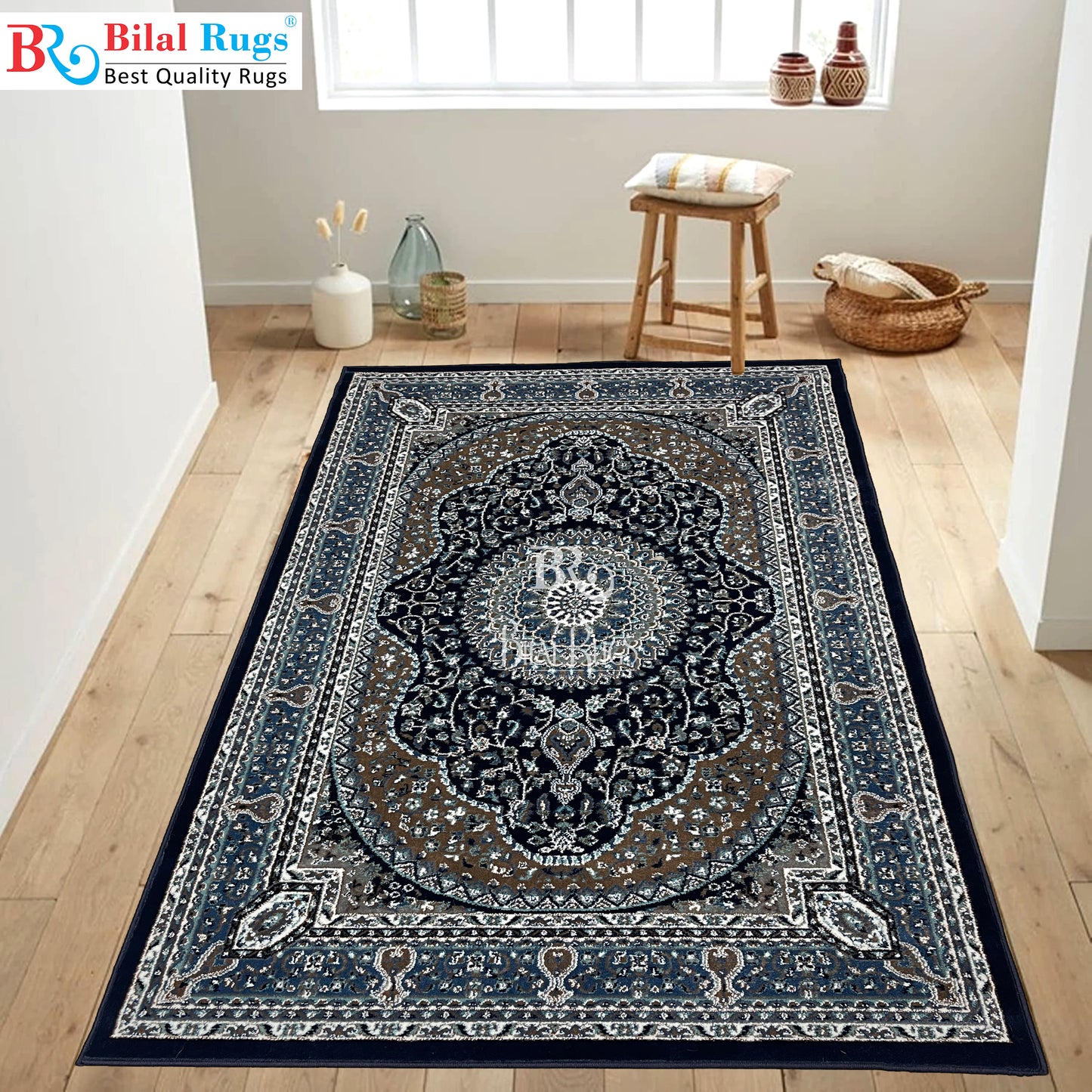 Persian  Polypropylene Rug,back woven(Article-23-Dark Blue)
Size : 5ft width  x 7.3ft length (150cm x 220cm)