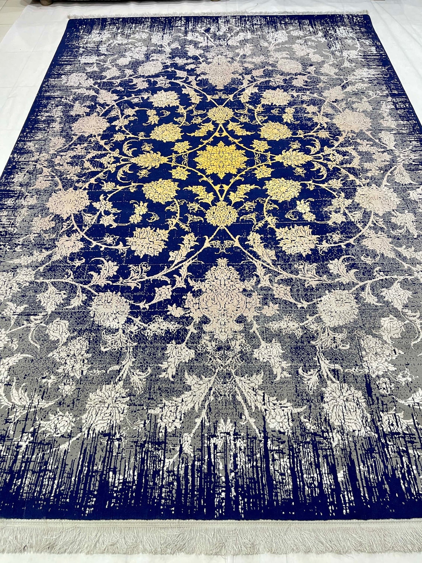 Irani Vintage Woven Rug.
 Article -2016-Grey , Yellow , Blue
Size: 6.6 ft width x 9.6 ft length (200cm x 290cm)