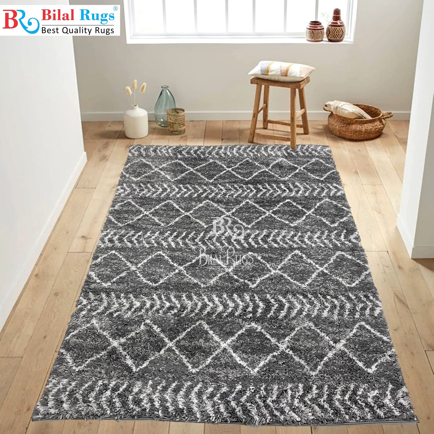 Turkish Shaggy Rug With Woven Back.  Size : 5 Ft Width x 7.3 Ft Length (160cm x 220cm) Article-11-Grey