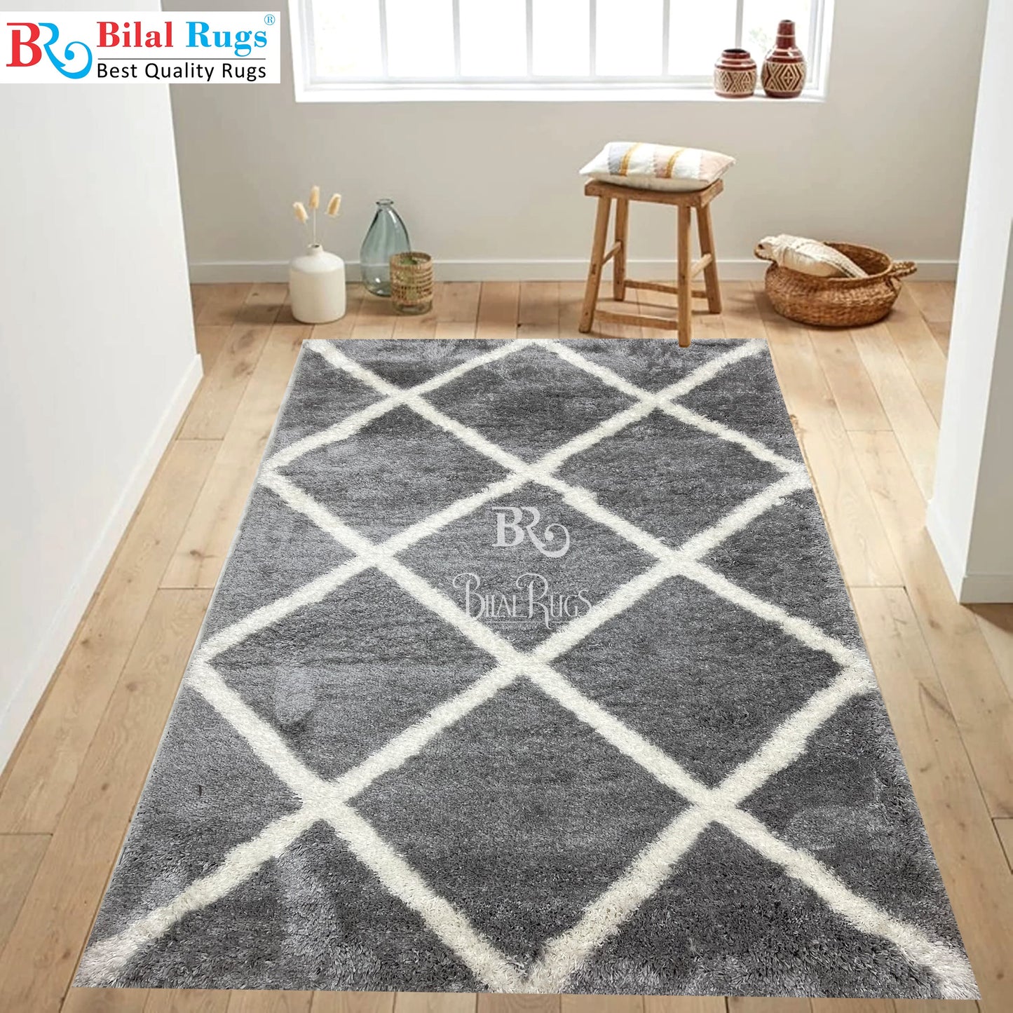 Turkish Shaggy Rug With Woven Back.  Size : 5 Ft Width x 7.3 Ft Length (160cm x 220cm) Article-12-Grey