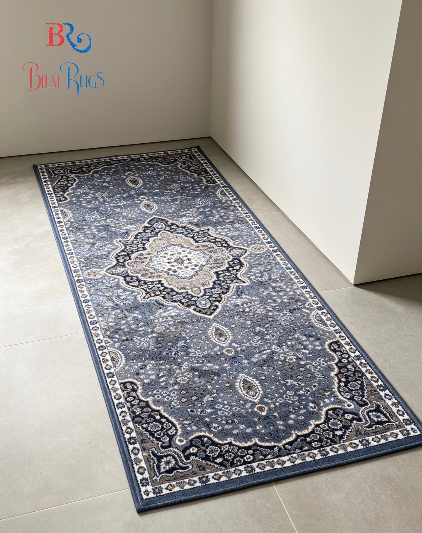 Blue Persian Polypropylene Woven Rug.
 Size : 2.6 ft width x 6.6 ft length
 (80 cm x 200cm)