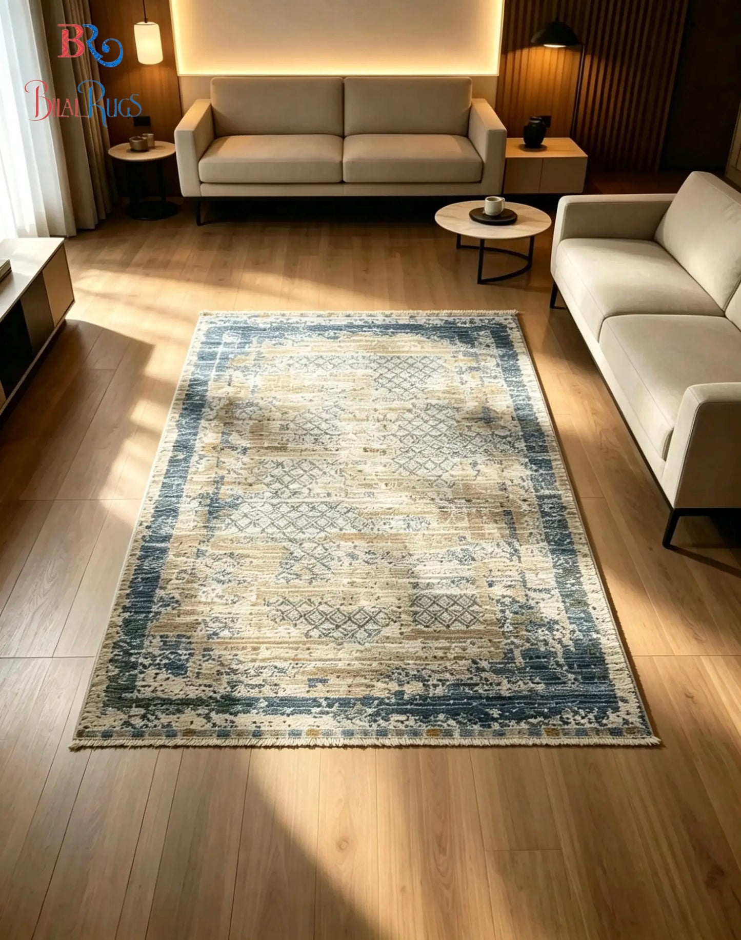 Turkish viscose Rug , Woven Back
Article-320-Beige ,Blue 
Size : 3 ft width x 5 ft length (100 cm x 150cm)