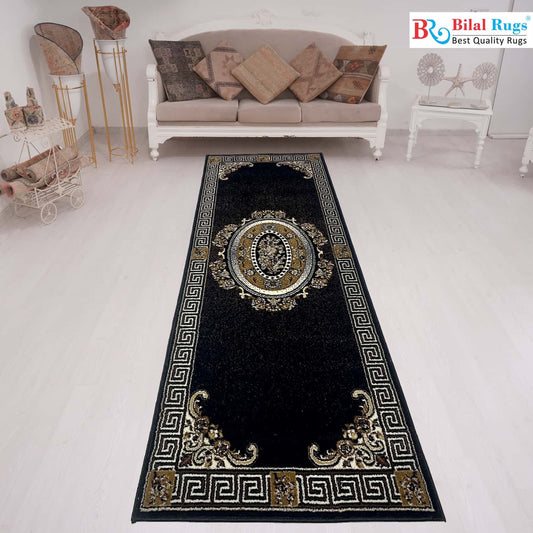 Black Versace Polypropylene Woven Runner.
Size : 2.6 ft width x 6.6 ft length
(80 cm x 200 cm)