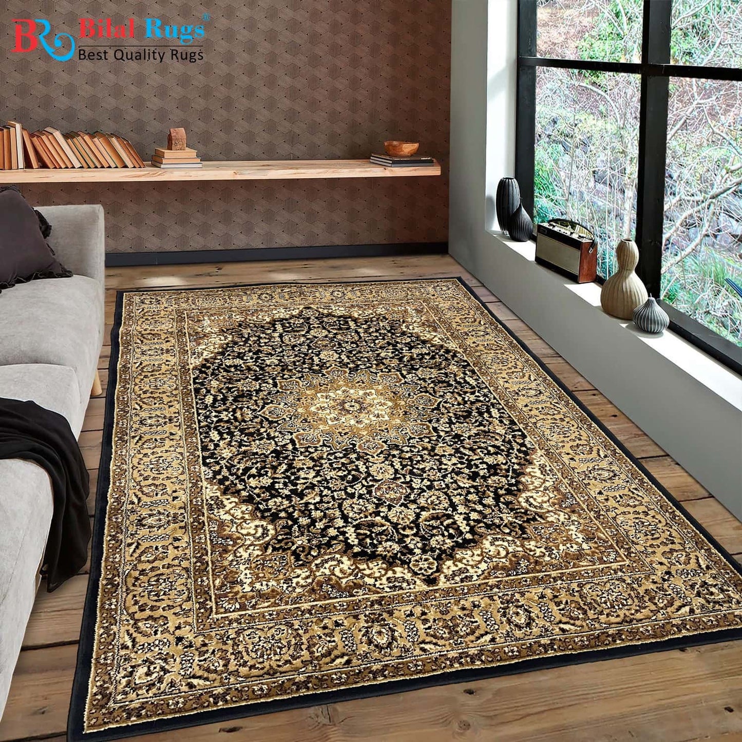 Persian polypropylene Rug,back woven(Article-1775-Black)