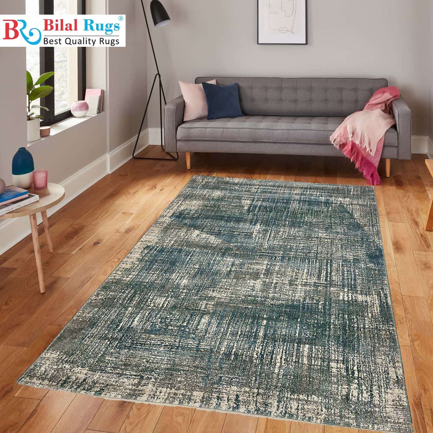 New Turkish Vintage Silky Woven Rug.
Article-1801- light Feroze , Grey
 Size : 5.3 ft width x 7.8 ft length
(160 cm x 230 cm)